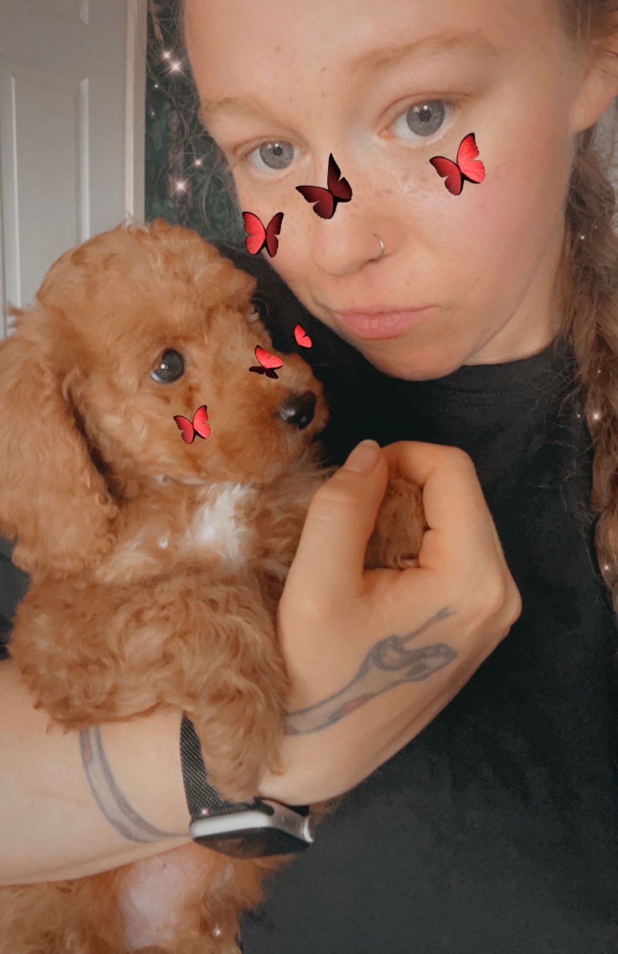 Olivia cuddling a tiny red puppy at Paws to Perfection
