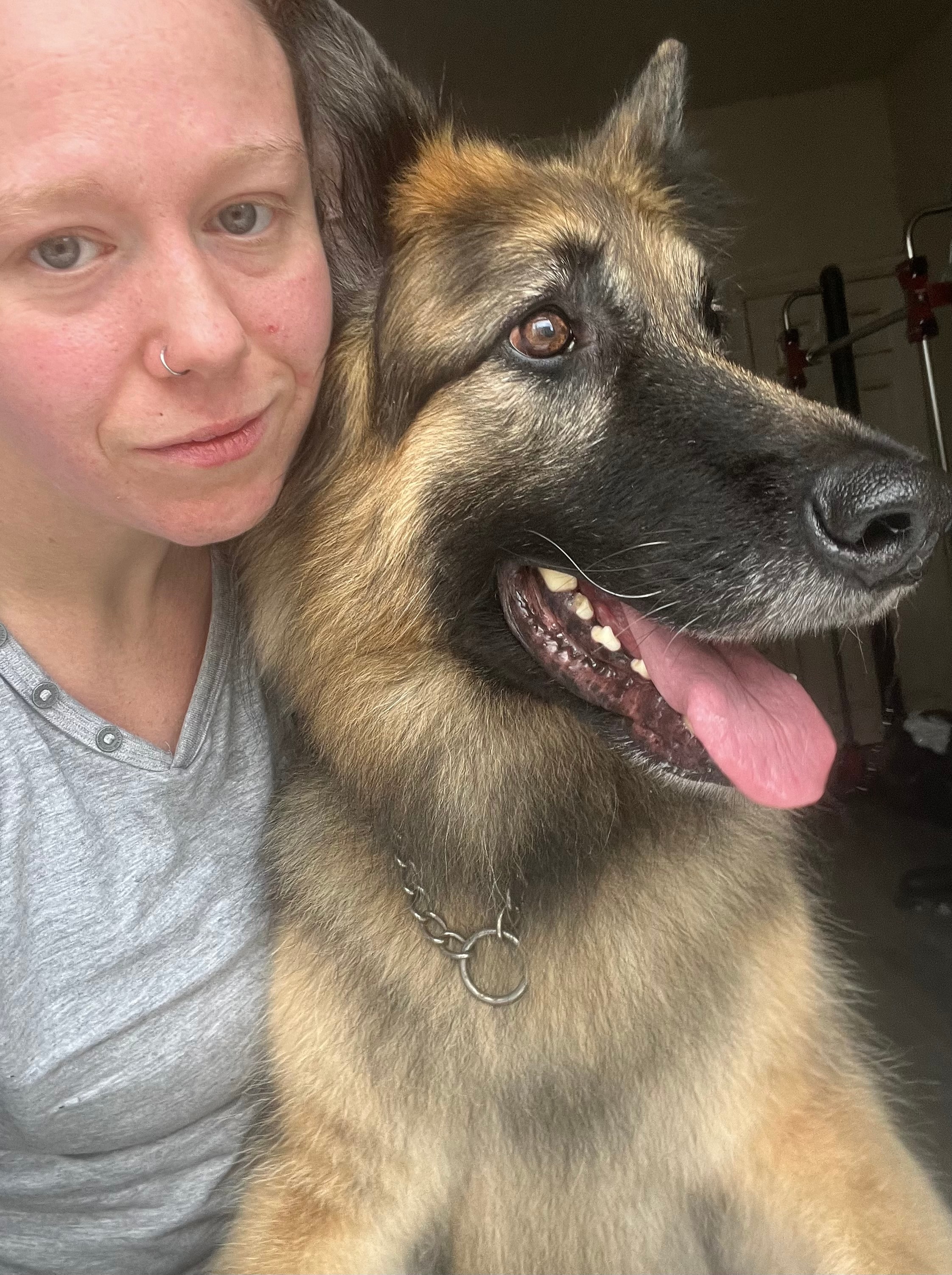 Olivia with a large German Shepherd at Paws to Perfection