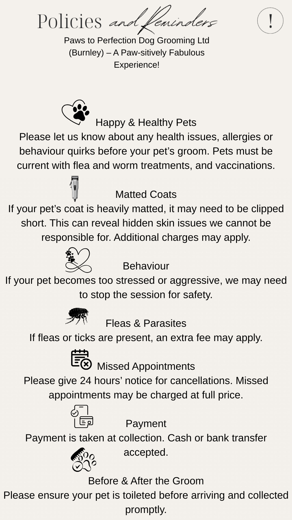 Paws to Perfection grooming policies and reminders