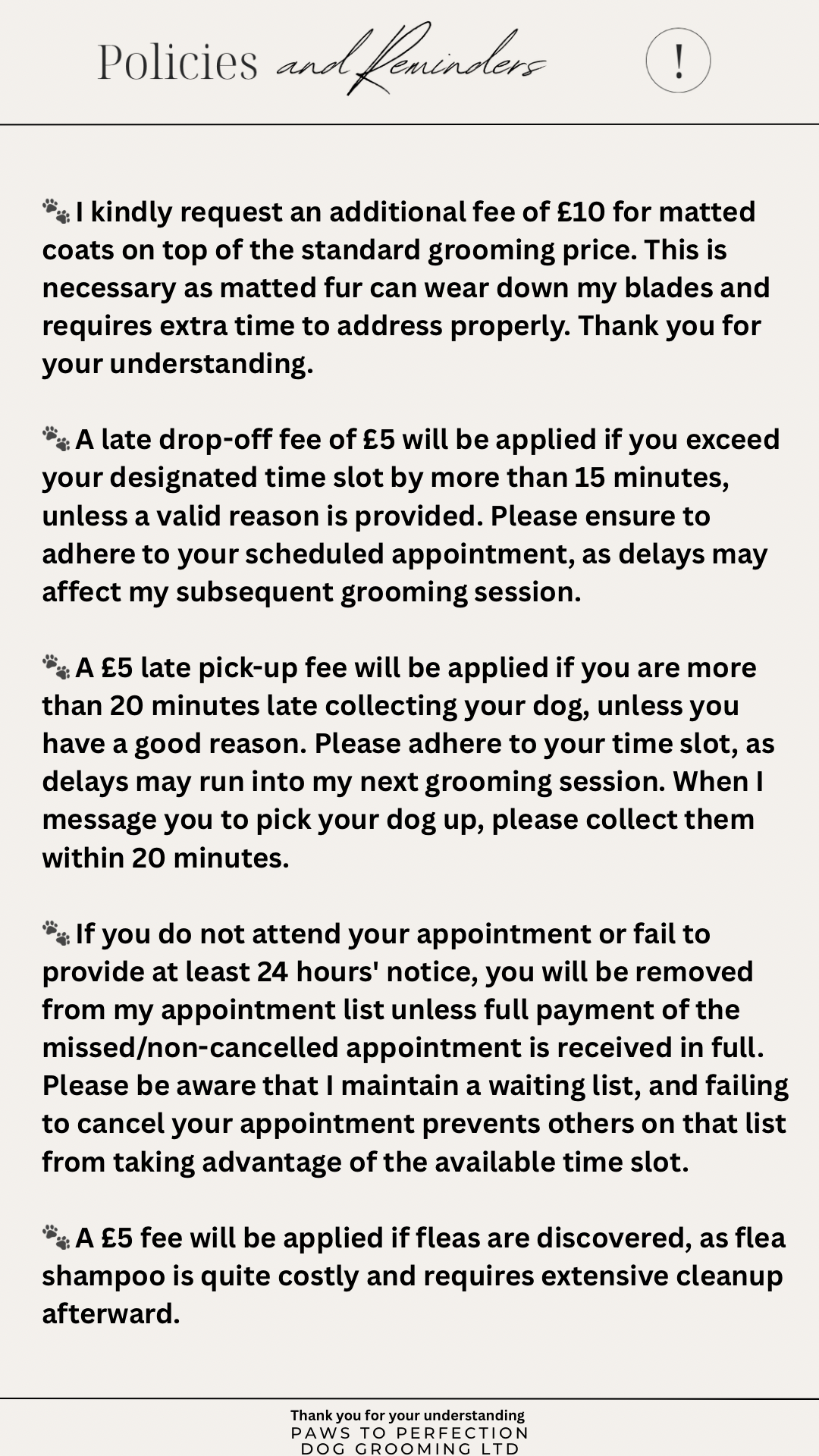 Paws to Perfection grooming policies and fee reminders